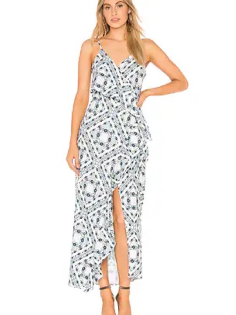 Tularosa Selena Ruffle Wrap Maxi Dress-blue floral print, spaghetti straps, slit